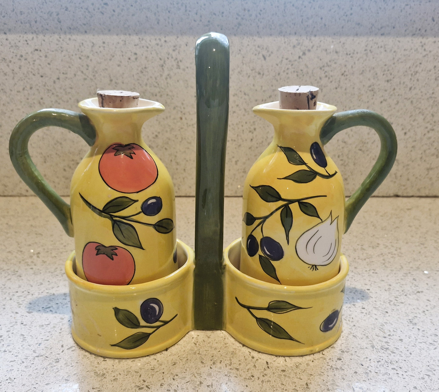 Olivio by Rayware, Vintage, Vinaigrette, Olive Oil, Vinegar, Bottles, Ceramic, Yellow, Olives, Garlic, Mediterranean, al Fresco Dining