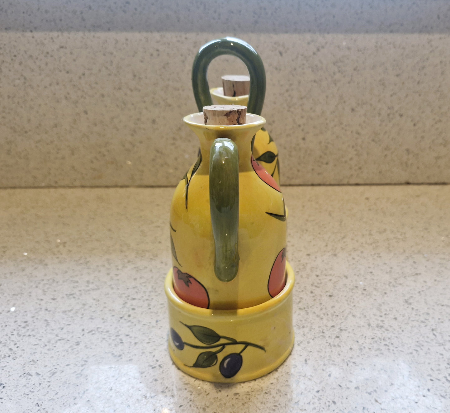 Olivio by Rayware, Vintage, Vinaigrette, Olive Oil, Vinegar, Bottles, Ceramic, Yellow, Olives, Garlic, Mediterranean, al Fresco Dining