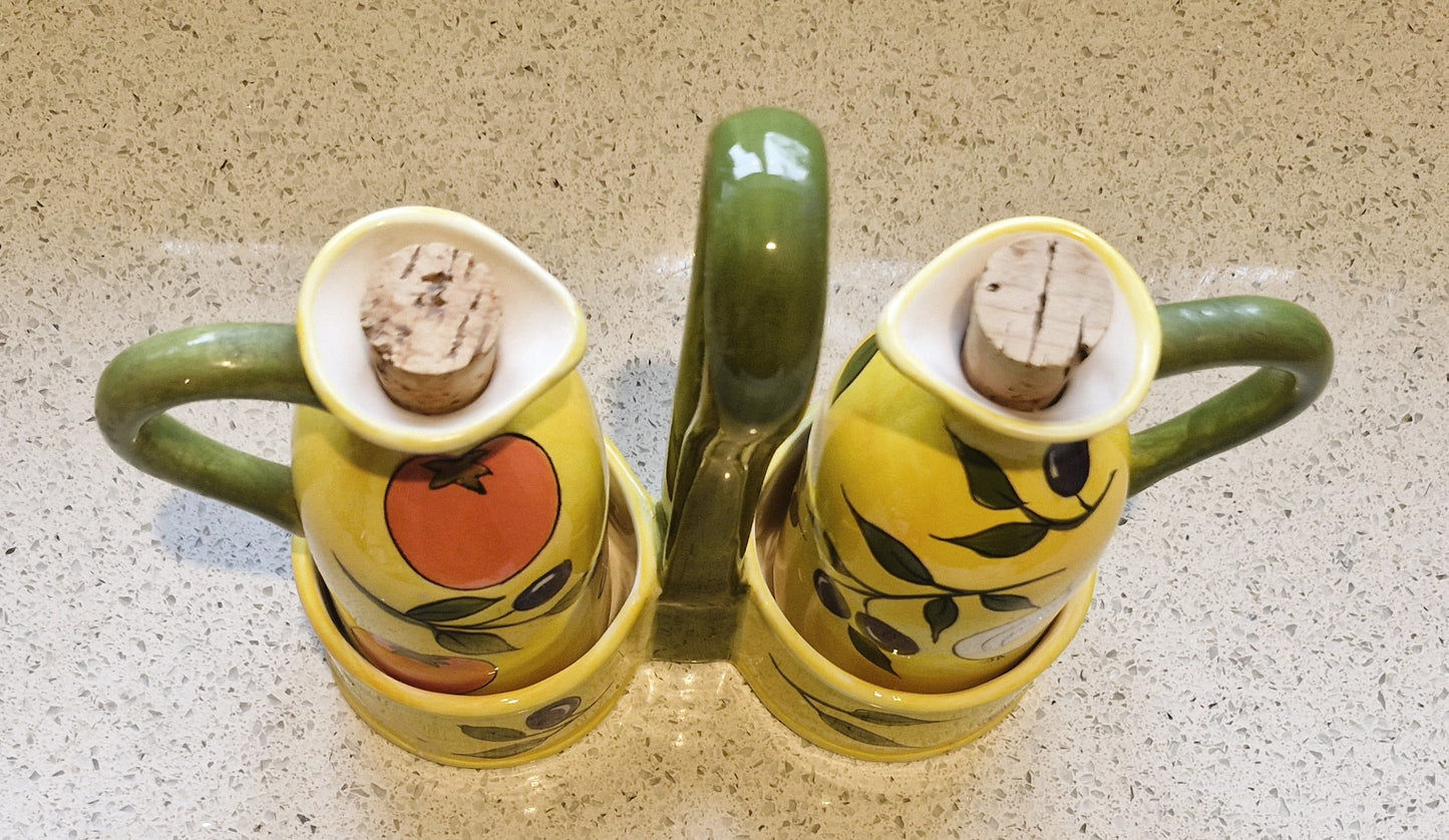 Olivio by Rayware, Vintage, Vinaigrette, Olive Oil, Vinegar, Bottles, Ceramic, Yellow, Olives, Garlic, Mediterranean, al Fresco Dining