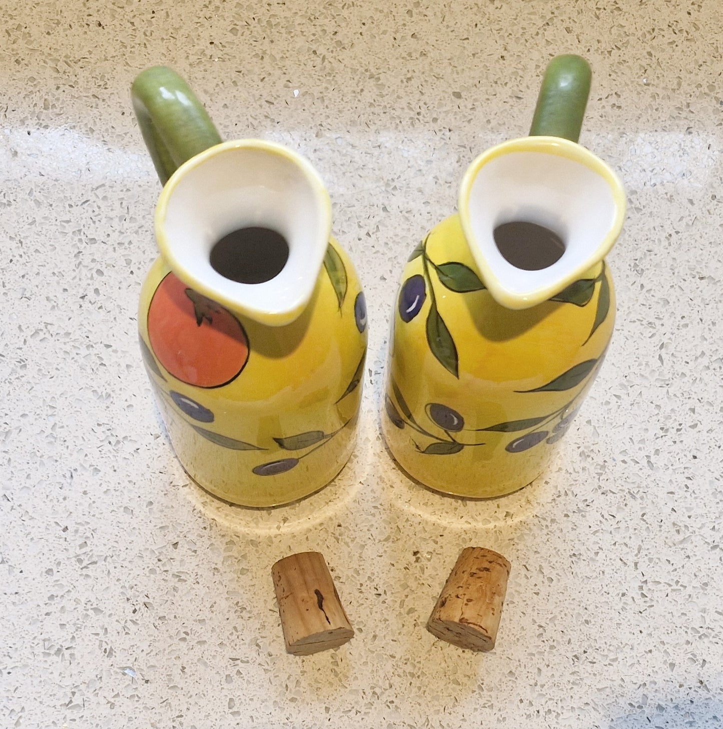 Olivio by Rayware, Vintage, Vinaigrette, Olive Oil, Vinegar, Bottles, Ceramic, Yellow, Olives, Garlic, Mediterranean, al Fresco Dining