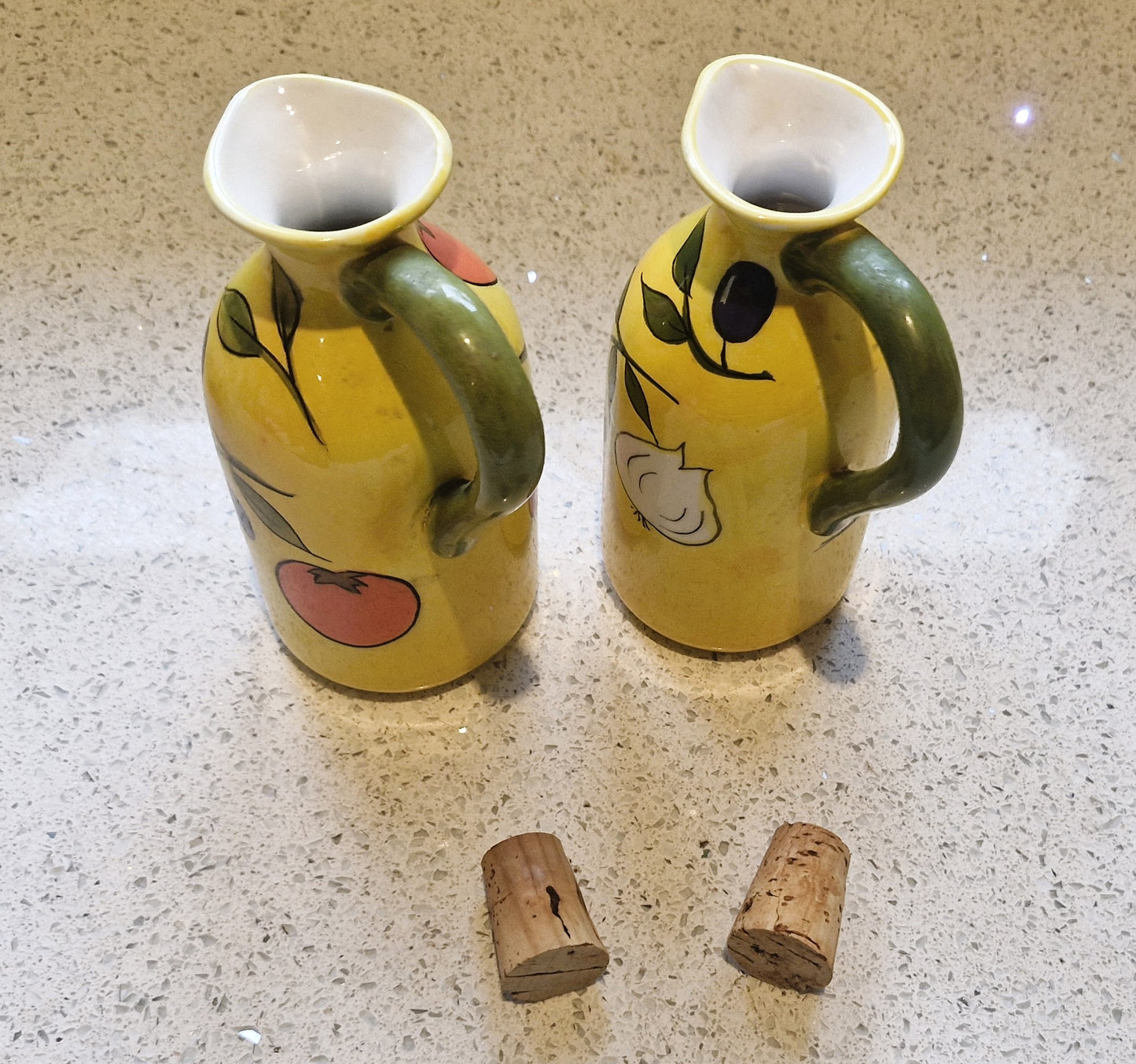 Olivio by Rayware, Vintage, Vinaigrette, Olive Oil, Vinegar, Bottles, Ceramic, Yellow, Olives, Garlic, Mediterranean, al Fresco Dining