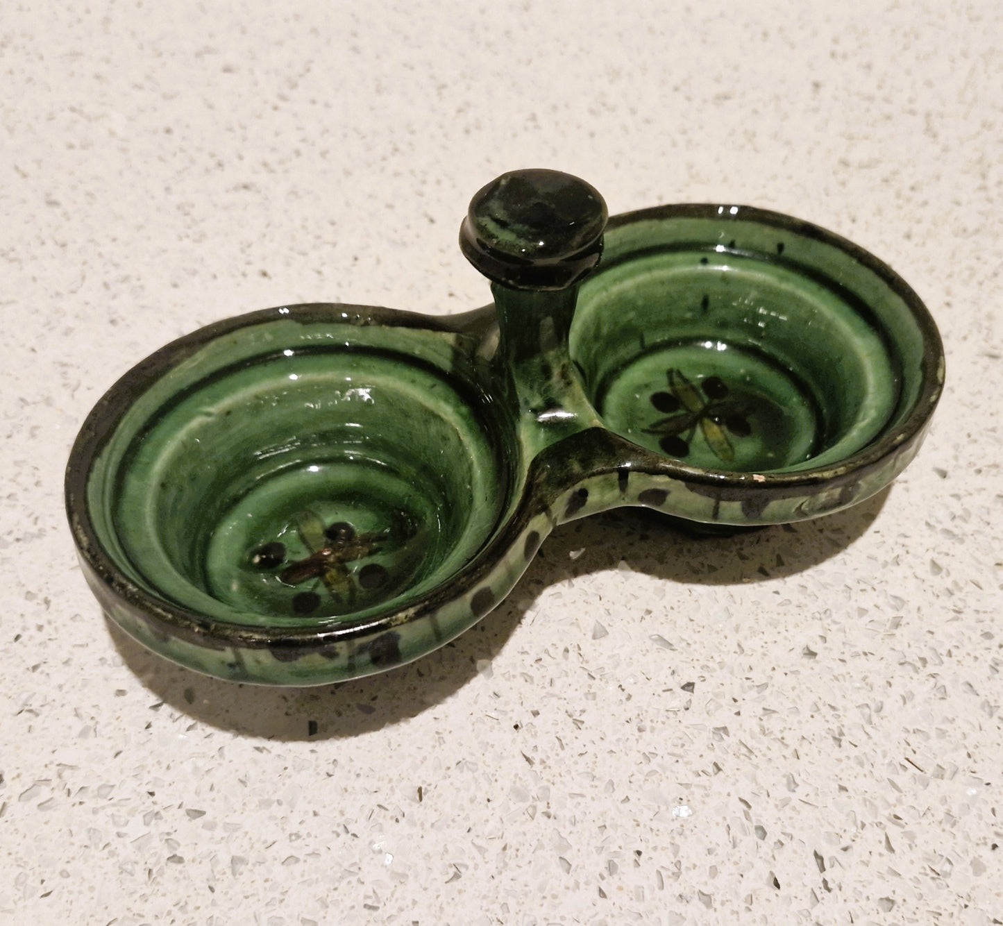 Tapas Bowl, Dip Bowl, 2 sided, Green, Pottery, Nibbles, dish, Bowl,vintage, Moss Green