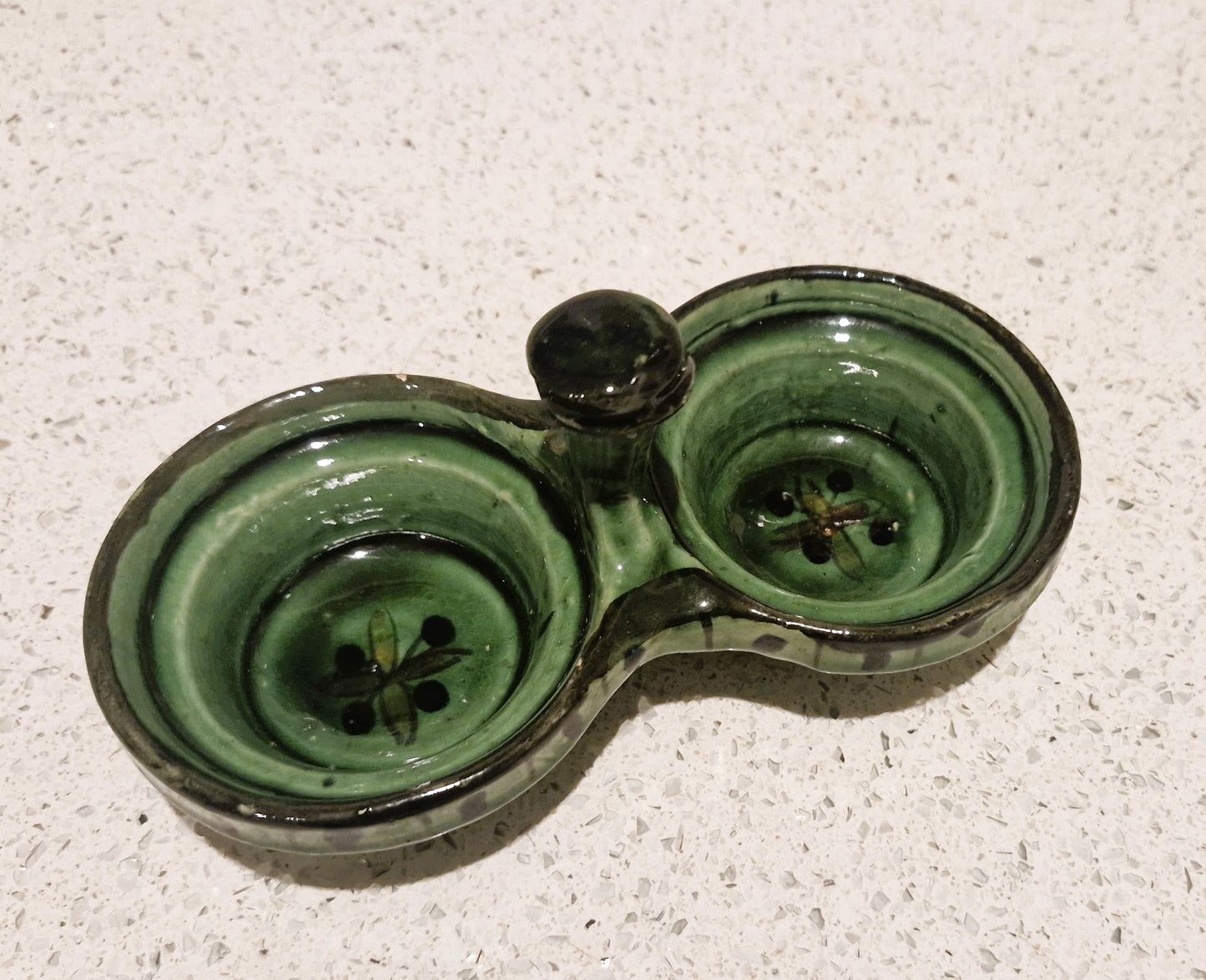 Tapas Bowl, Dip Bowl, 2 sided, Green, Pottery, Nibbles, dish, Bowl,vintage, Moss Green