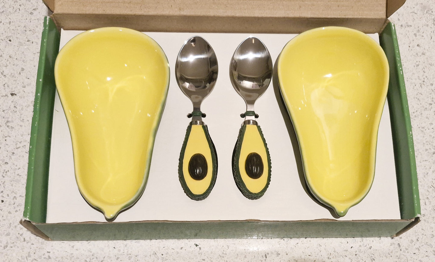 Sagaform Avocado Dishes and Spoons, Vintage, Swedish, Scandinavian, Bowls, Dishes, Spoons, Set, Boxed, Quirky, Guacamole, 90s, Retro Dining