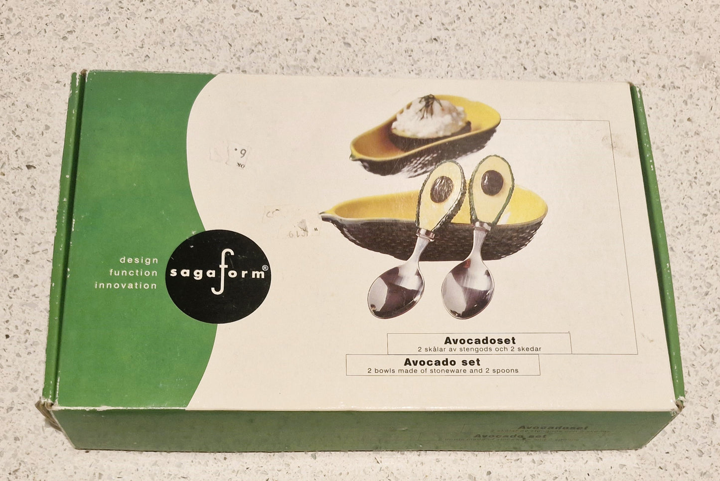 Sagaform Avocado Dishes and Spoons, Vintage, Swedish, Scandinavian, Bowls, Dishes, Spoons, Set, Boxed, Quirky, Guacamole, 90s, Retro Dining