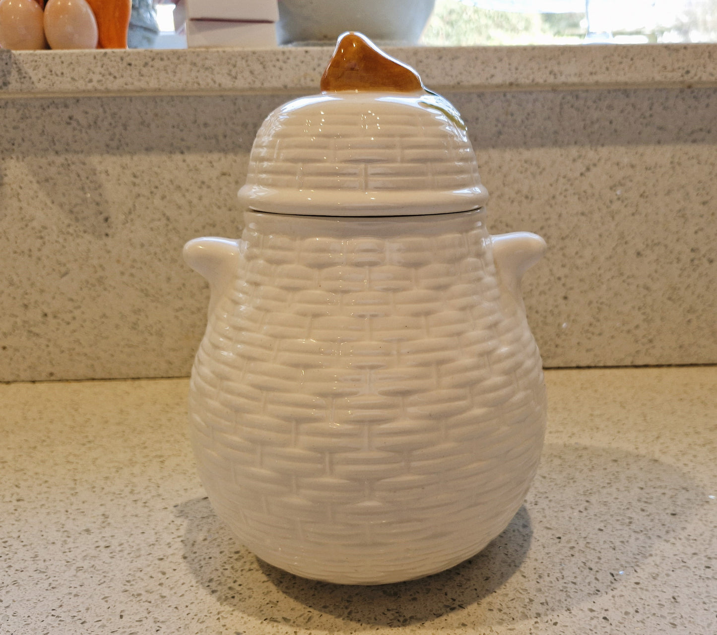 Rayware Storage jar , Fruit jar, Rayware Cookie Jar, Majolica, Large, Ceramic, White, pears, apples, Fruits
