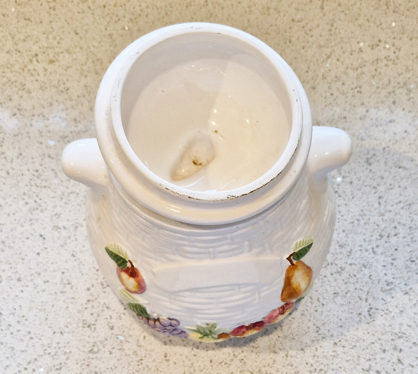 Rayware Storage jar , Fruit jar, Rayware Cookie Jar, Majolica, Large, Ceramic, White, pears, apples, Fruits