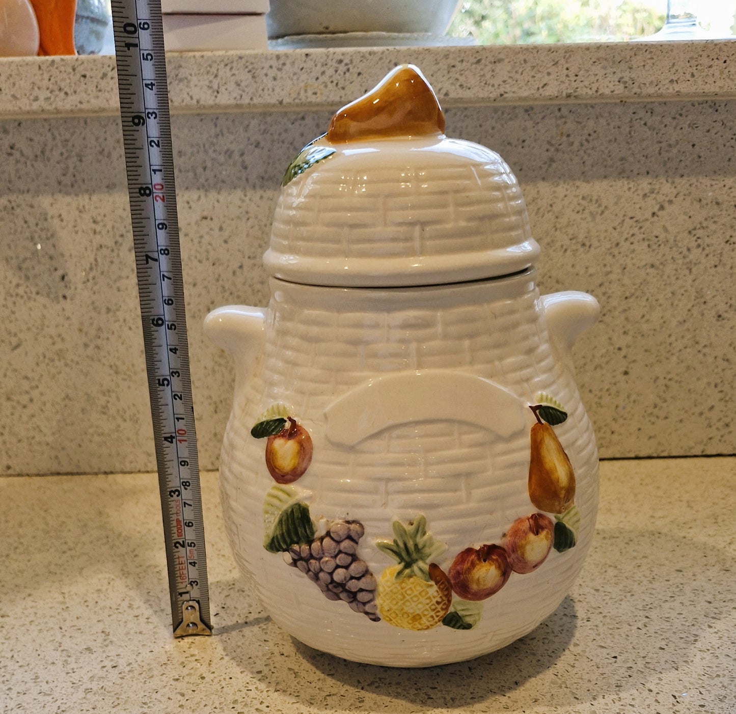 Rayware Storage jar , Fruit jar, Rayware Cookie Jar, Majolica, Large, Ceramic, White, pears, apples, Fruits