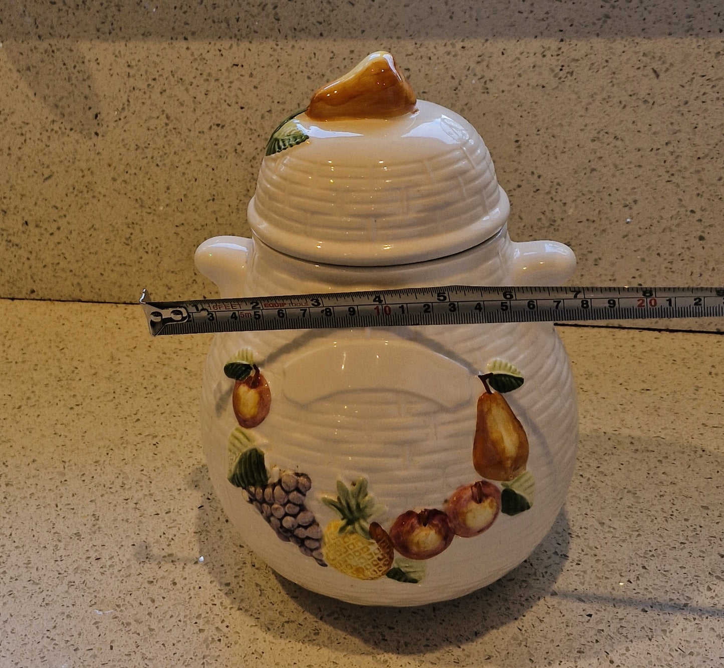 Rayware Storage jar , Fruit jar, Rayware Cookie Jar, Majolica, Large, Ceramic, White, pears, apples, Fruits