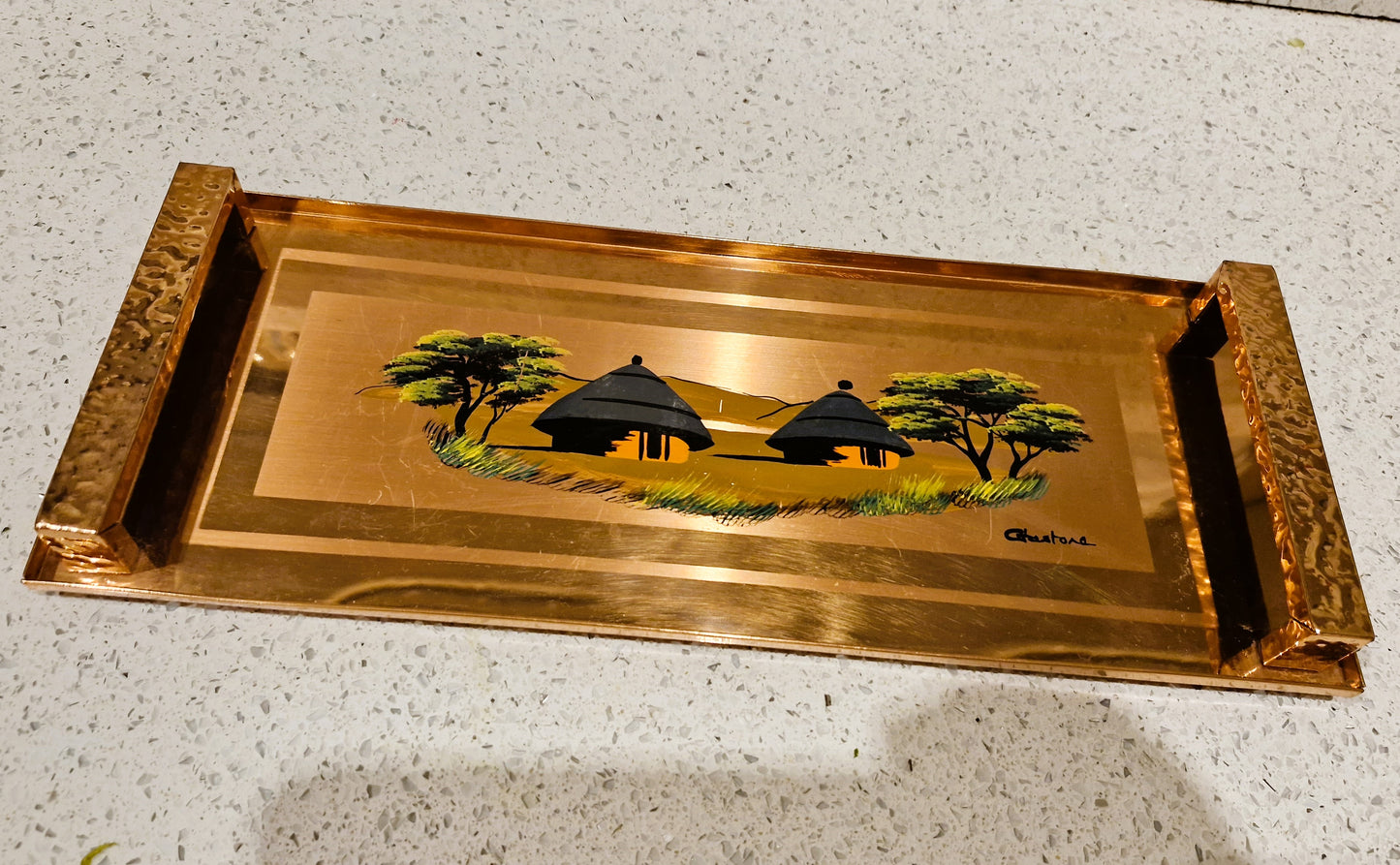 Vintage, Gastone Copper Tray, Hand Painted, Zimbabwe, African, Africa, MCM, Mid Century