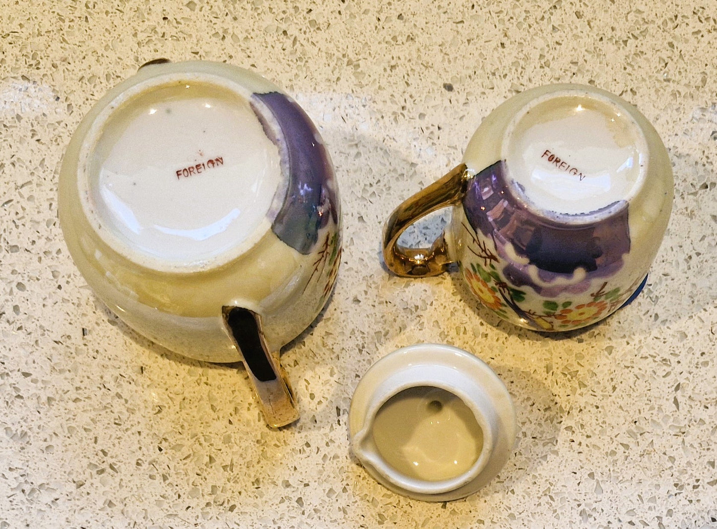 Vintage, Japanese, Fine china, Sugar Bowl, Creamer, Hand Painted, Gold Gilt, Parrot, Bird Design, 1950s, Lusterware