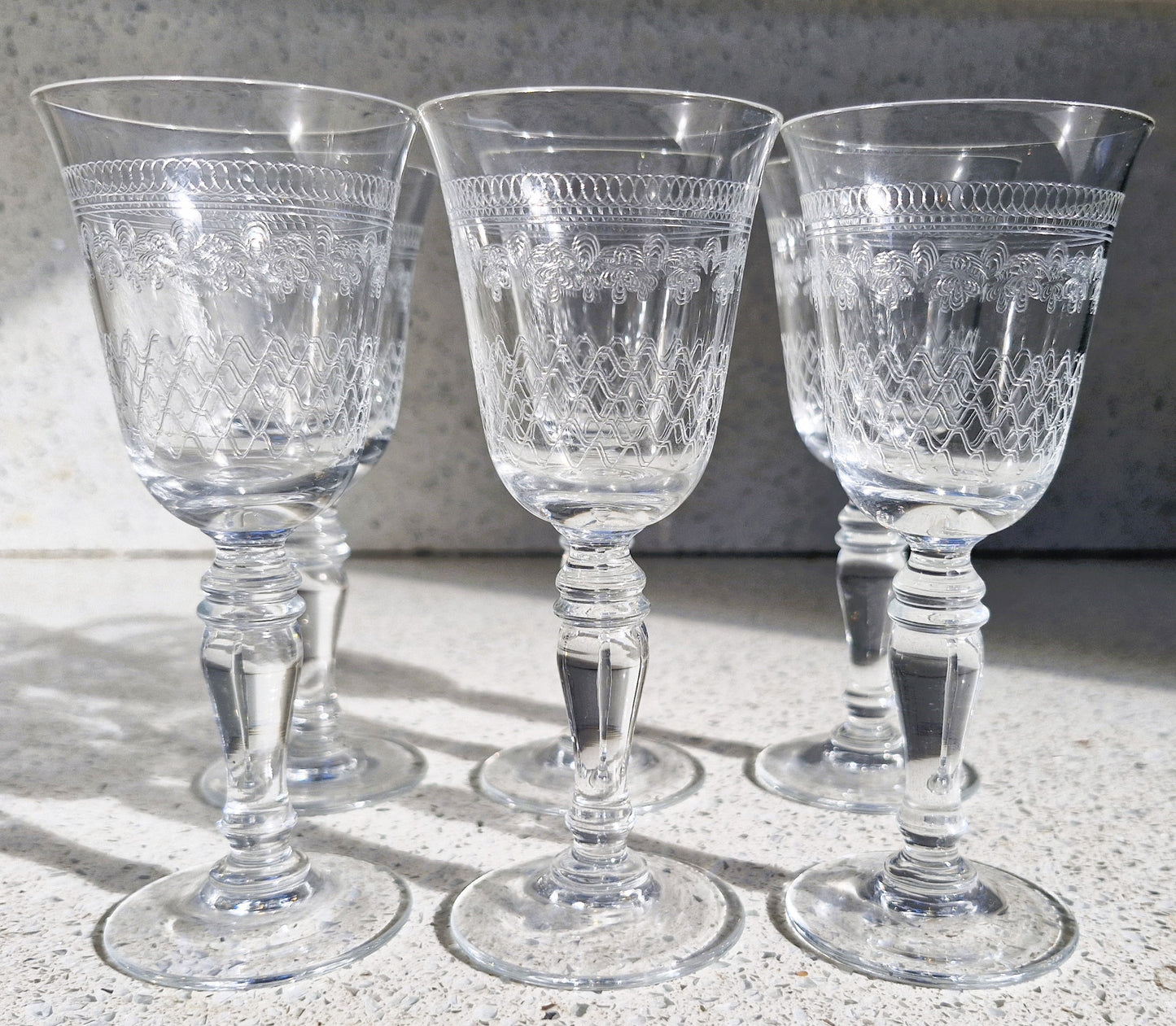 Pall Mall Lady Hamilton Wine Glasses, Balustre Stems, Edwardian, Art Deco Wine Glasses, Palms, Etched,