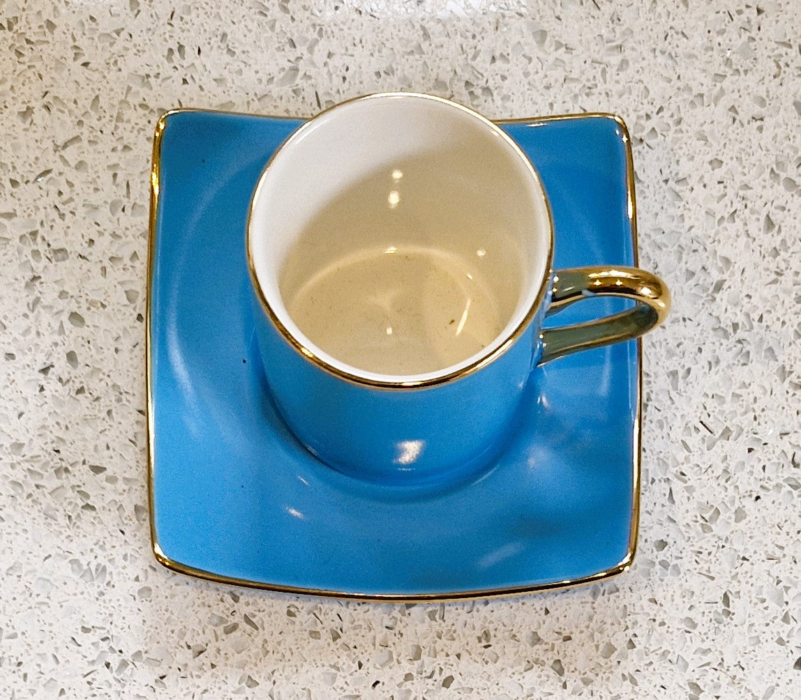 Silea Espresso Cups, Silea Espresso cups, Harlequin, Bone China, Blue, Espresso Cups, Vintage, Gold, Gilt.