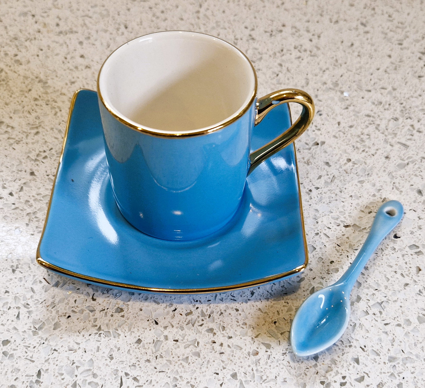 Silea Espresso Cups, Silea Espresso cups, Harlequin, Bone China, Blue, Espresso Cups, Vintage, Gold, Gilt.