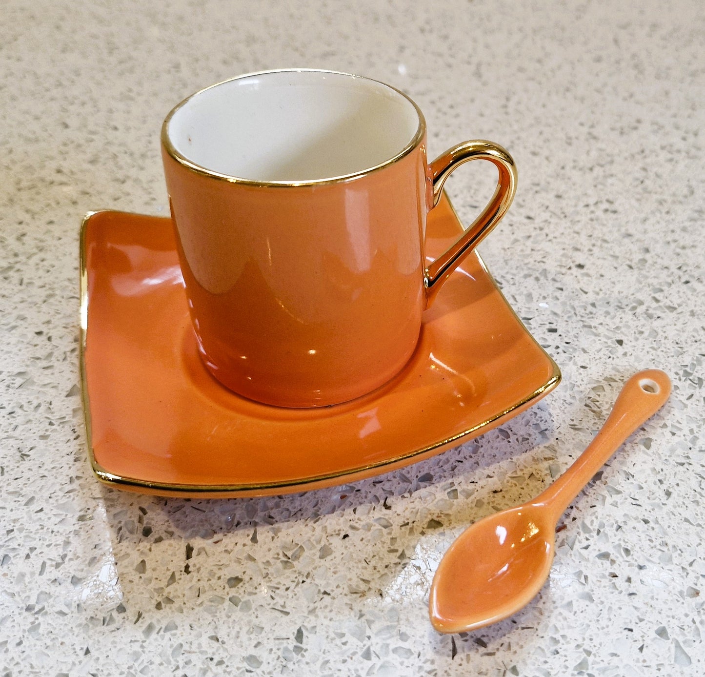 Silea Espresso Cups, Silea Espresso cups, Harlequin, Bone China, Orange, Espresso Cups, Vintage, Gold, Gilt.