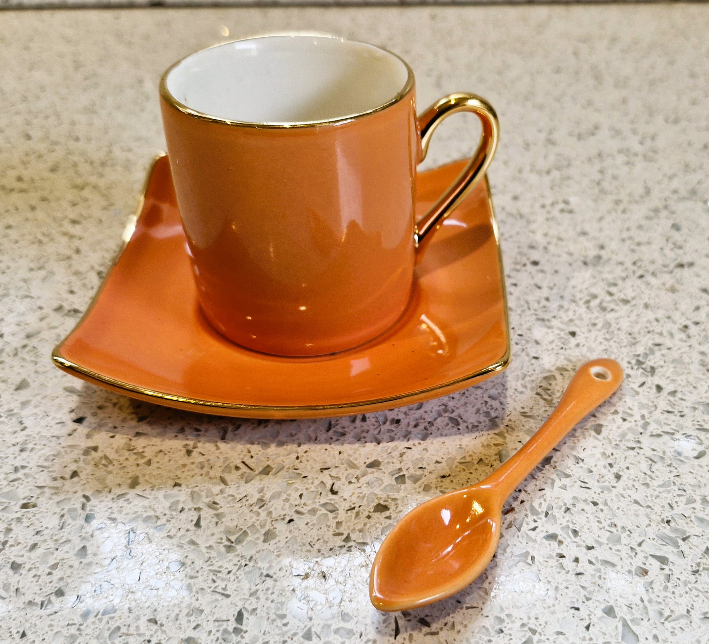 Silea Espresso Cups, Silea Espresso cups, Harlequin, Bone China, Orange, Espresso Cups, Vintage, Gold, Gilt.