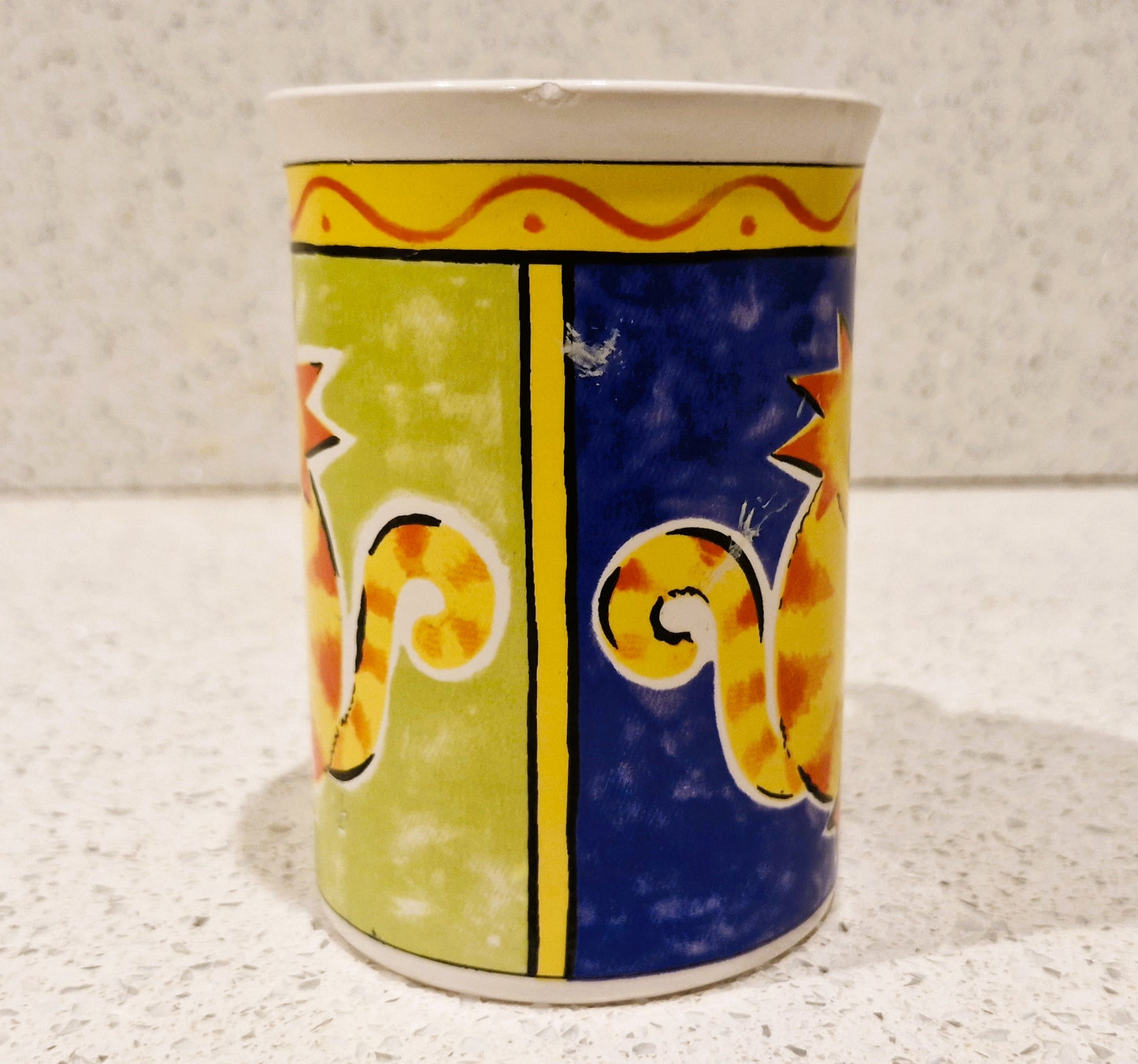 Rayware Cat Mug, Vintage Rayware Cat Mug, Brightly coloured, Blue, Yellow, Red, Rayware Mug