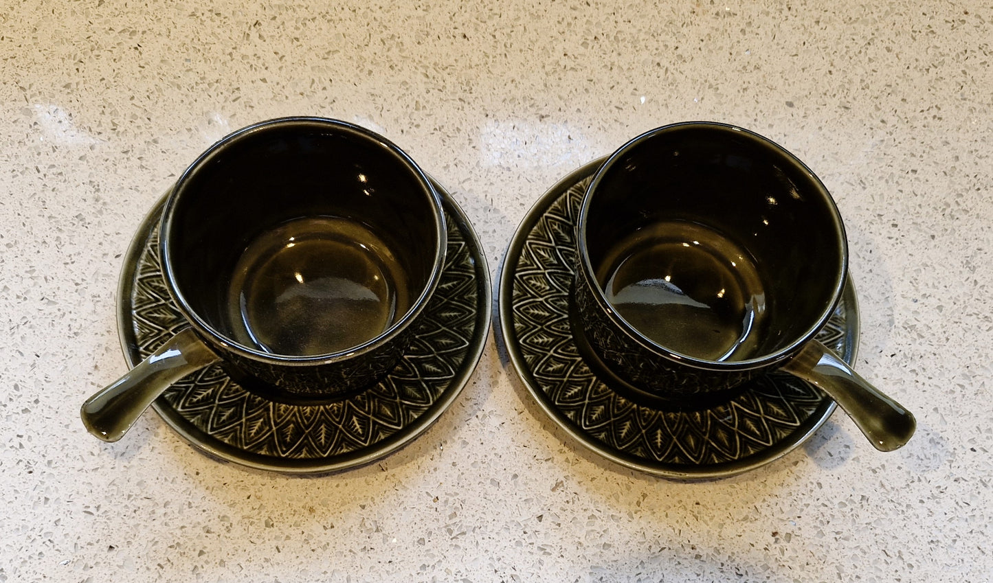 Mid Century Green Soup Bowls, Handles, Staffordshire Tableware, Olive Green Soup Bowl, Saucer, 1970s, Vintage, MCM, Set of 6