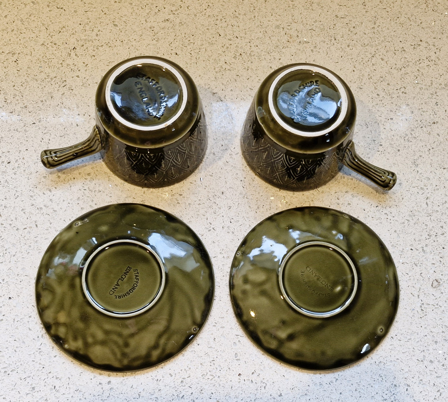 Mid Century Green Soup Bowls, Handles, Staffordshire Tableware, Olive Green Soup Bowl, Saucer, 1970s, Vintage, MCM, Set of 6