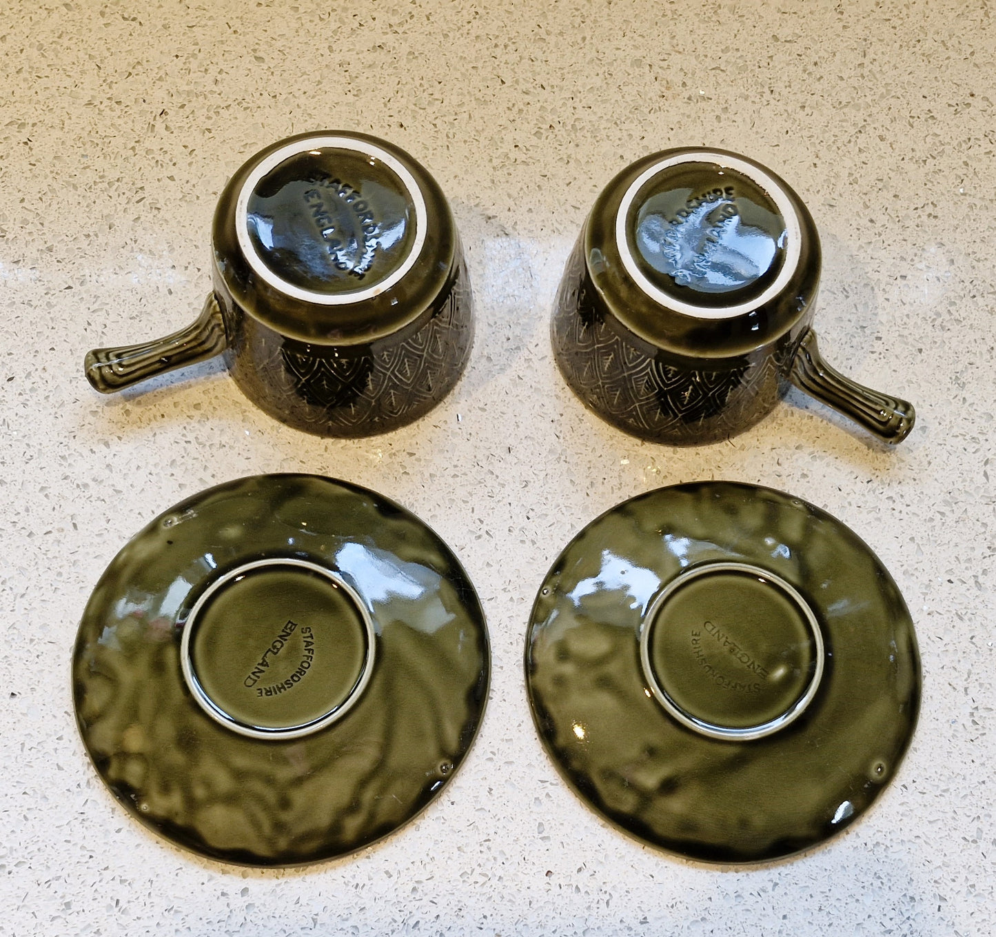 Mid Century Green Soup Bowls, Handles, Staffordshire Tableware, Olive Green Soup Bowl, Saucer, 1970s, Vintage, MCM, Set of 6