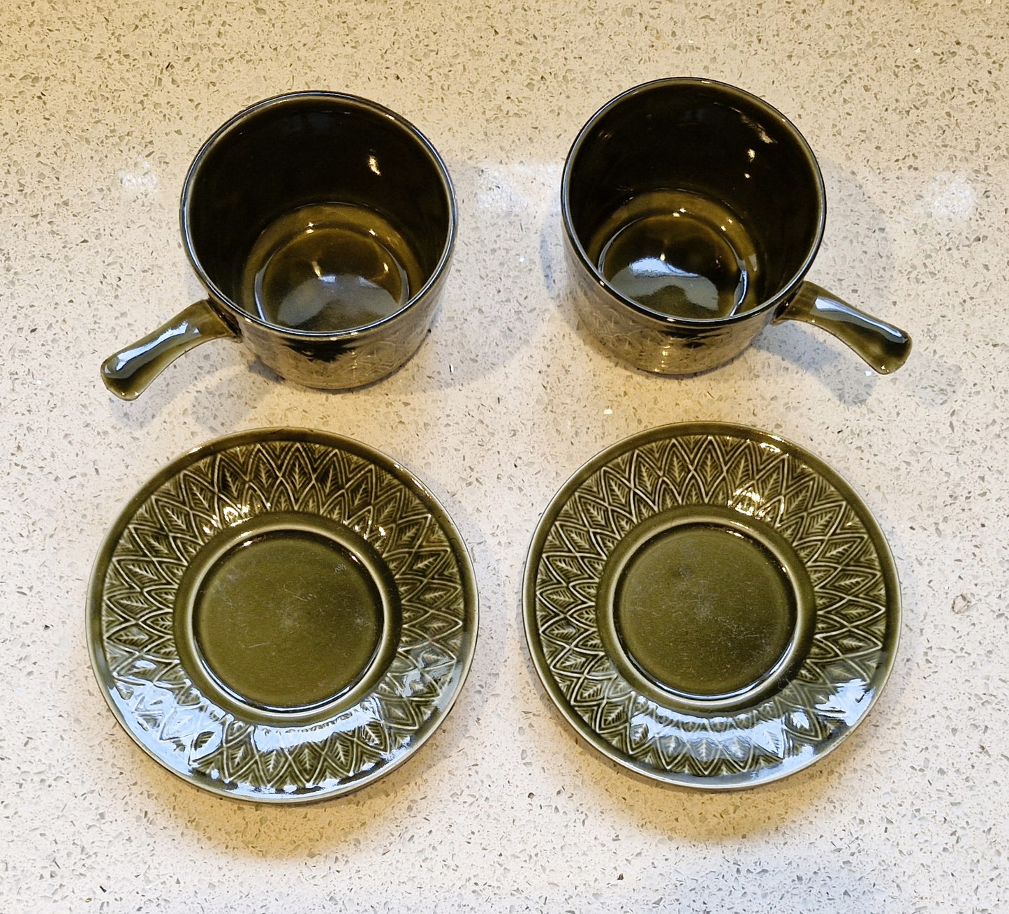 Mid Century Green Soup Bowls, Handles, Staffordshire Tableware, Olive Green Soup Bowl, Saucer, 1970s, Vintage, MCM, Set of 6