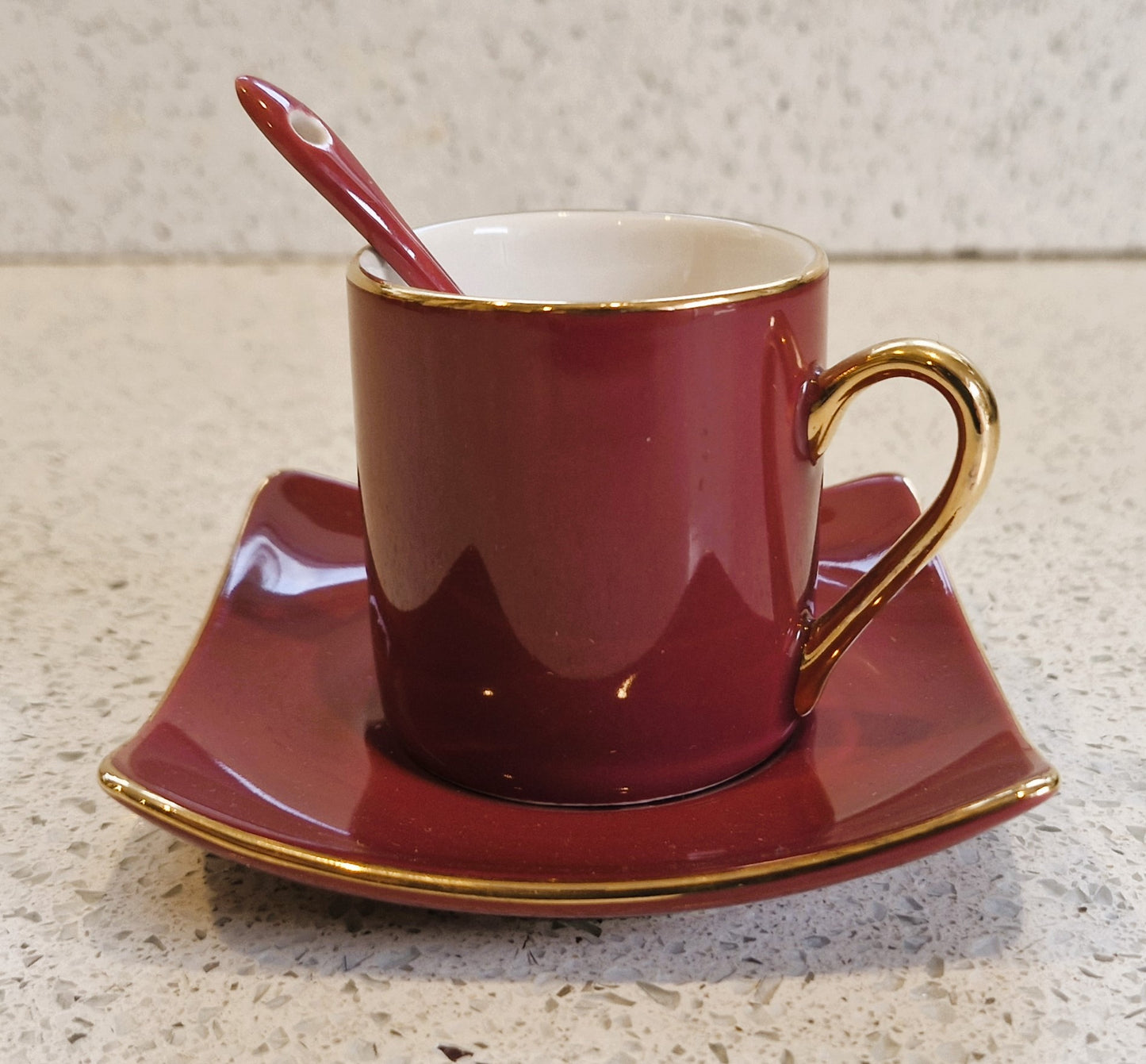 Silea Espresso Cup, Silea Espresso cups, Harlequin, Bone China, Red, Espresso Cup, Vintage, Gold, Gilt, with spoon