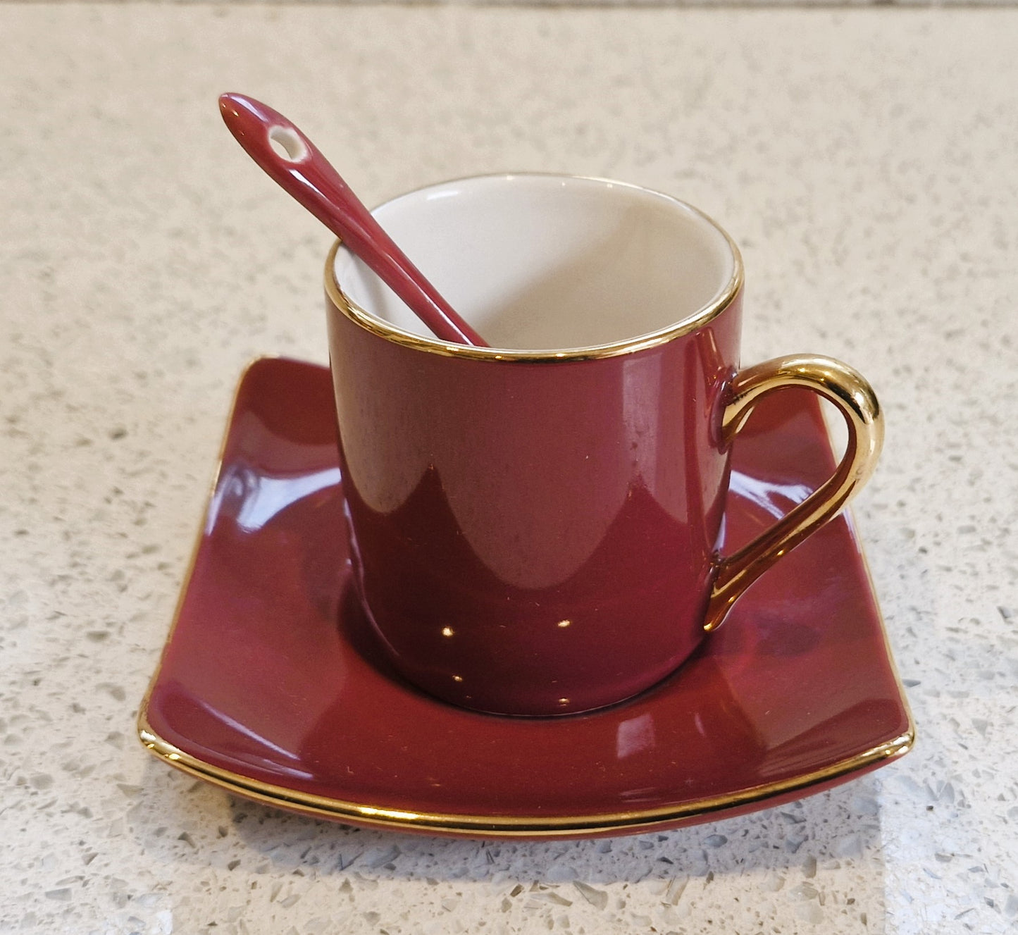 Silea Espresso Cup, Silea Espresso cups, Harlequin, Bone China, Red, Espresso Cup, Vintage, Gold, Gilt, with spoon