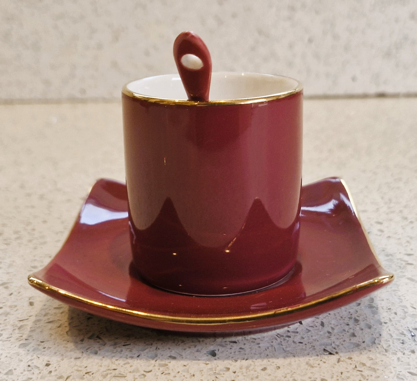 Silea Espresso Cup, Silea Espresso cups, Harlequin, Bone China, Red, Espresso Cup, Vintage, Gold, Gilt, with spoon