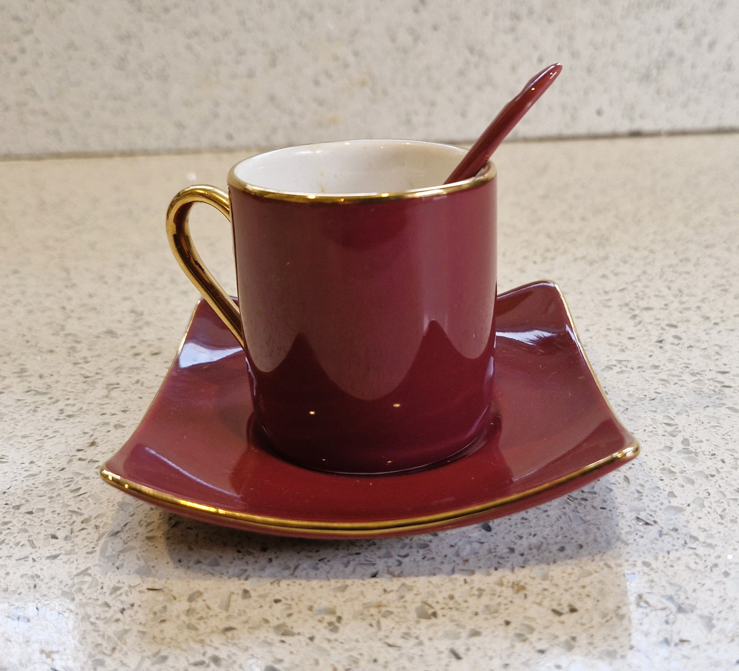 Silea Espresso Cup, Silea Espresso cups, Harlequin, Bone China, Red, Espresso Cup, Vintage, Gold, Gilt, with spoon