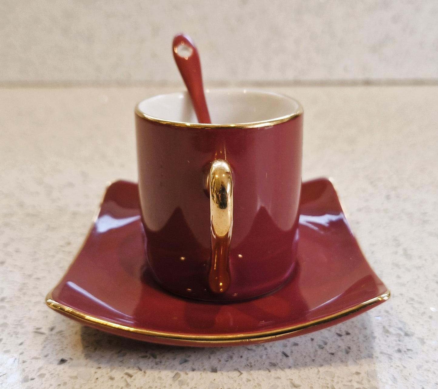 Silea Espresso Cup, Silea Espresso cups, Harlequin, Bone China, Red, Espresso Cup, Vintage, Gold, Gilt, with spoon