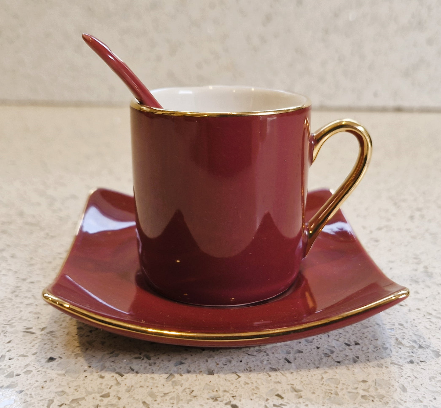 Silea Espresso Cup, Silea Espresso cups, Harlequin, Bone China, Red, Espresso Cup, Vintage, Gold, Gilt, with spoon