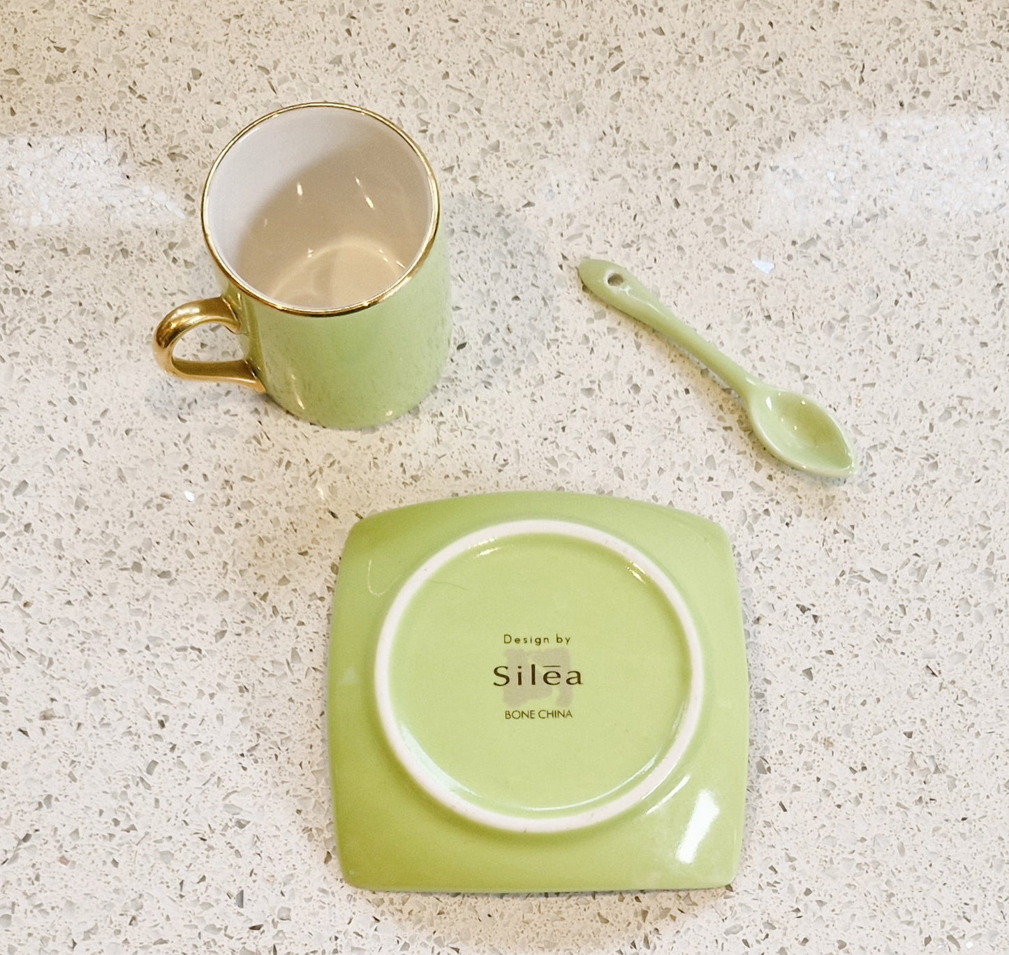 Silea Espresso Cup, Silea Espresso cups, Harlequin, Bone China, Green, Espresso Cup, Vintage, Gold, Gilt, with spoon