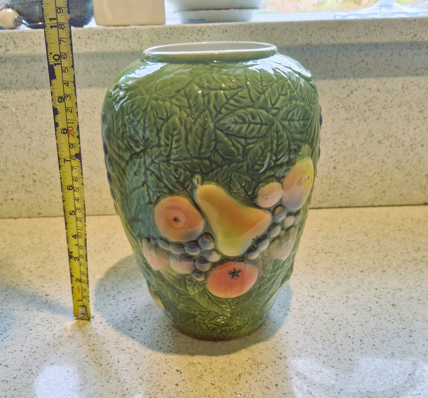 Vintage Majolica Fruit Vase, Fruit Design, Majolica, Green Vase, Raised Design, Fruit, Green Cabbage Leaf, Large. What's Vincent Cadeaux