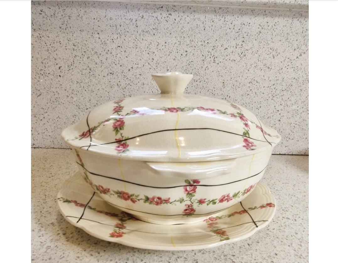 Alfred Meakin, Art Deco, Tureen, Serving dish, Lidded, 1930s, 40s, Flower, Line design, Cream, Black, yellow, Pink, Stamped, Excellent Condition,