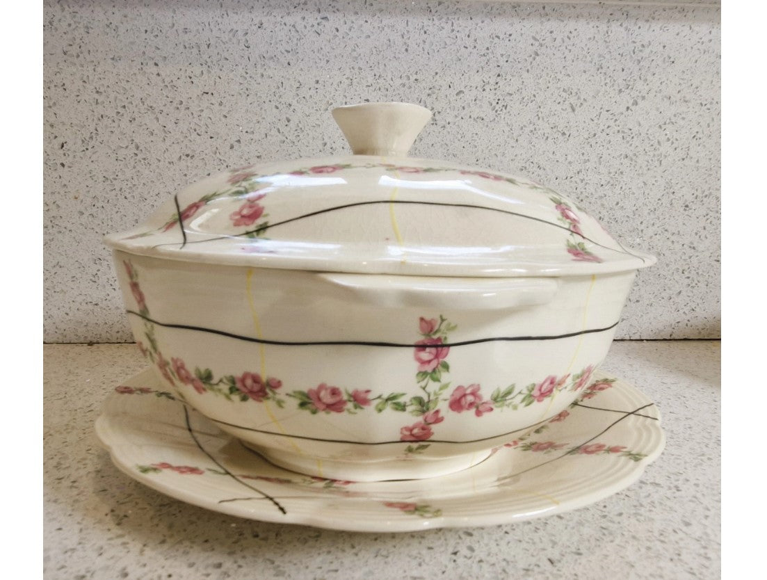 Alfred Meakin, Art Deco, Tureen, Serving dish, Lidded, 1930s, 40s, Flower, Line design, Cream, Black, yellow, Pink, Stamped, Excellent Condition,