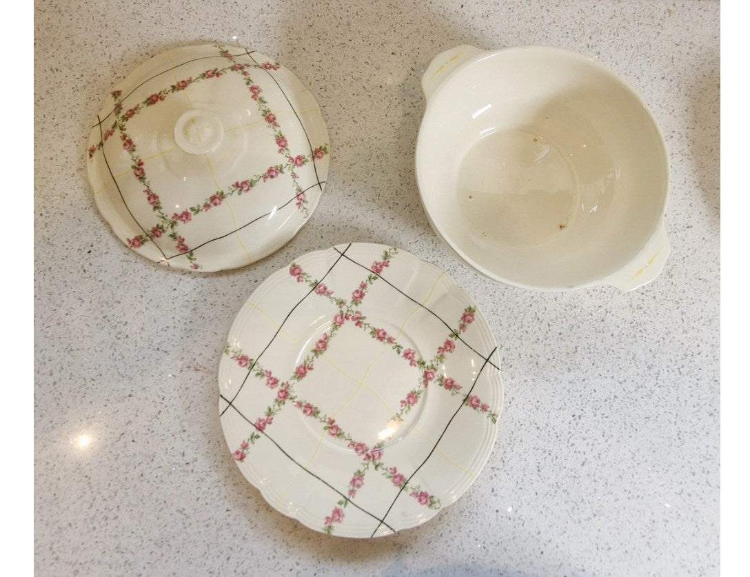 Alfred Meakin, Art Deco, Tureen, Serving dish, Lidded, 1930s, 40s, Flower, Line design, Cream, Black, yellow, Pink, Stamped, Excellent Condition,