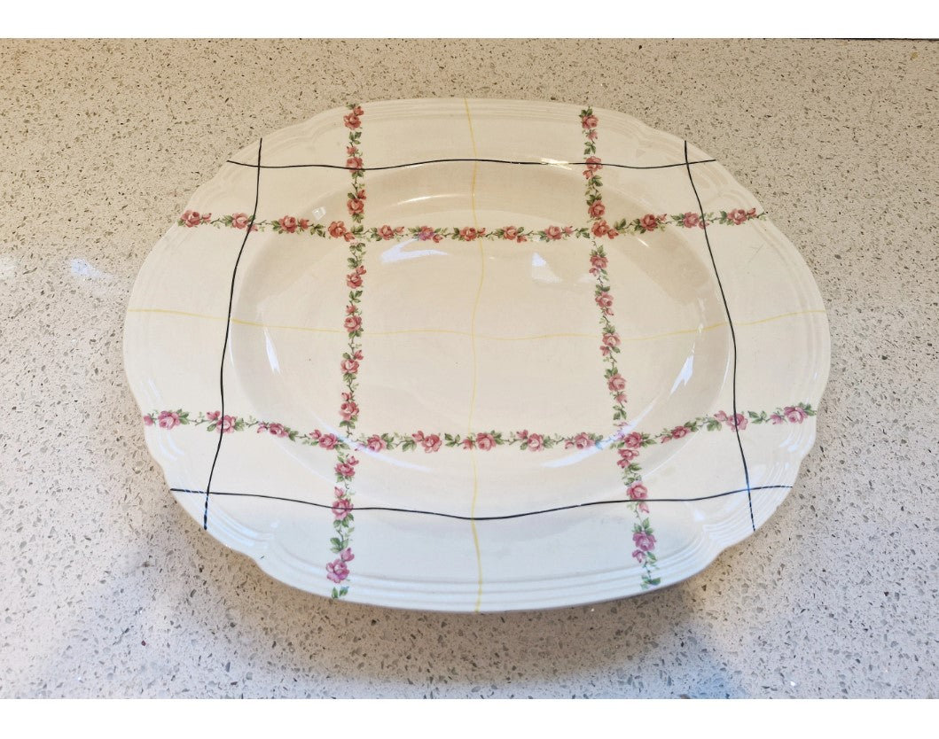 Alfred Meakin, Platter, 1930s, 40s, Flower, Line design, Cream, Black, yellow, Pink, Stamped, Excellent Condition, 12 x 10 Inch