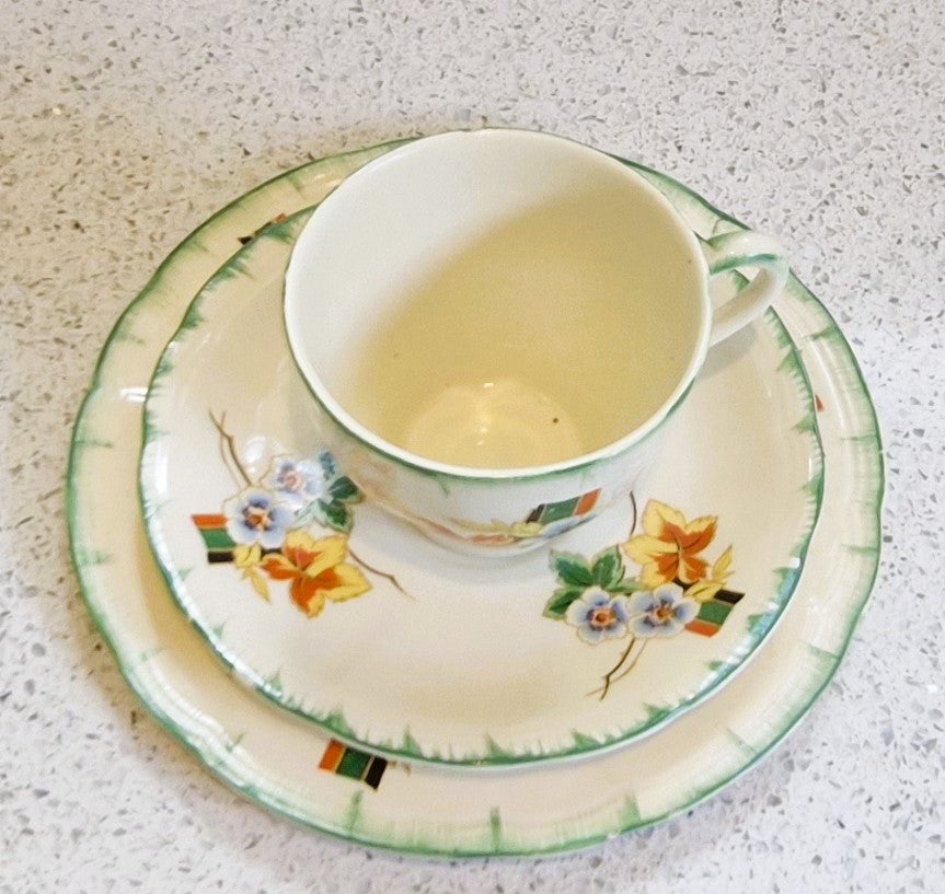Art Deco Hand Painted Tea Cup trio, Art Deco Hand Painted Tea Cup, Alfred Clough Tea Cup, Clough, St Louis Works, Tea Cup, Made in England