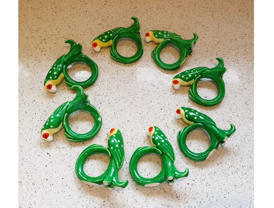 Fitz and Floyd Parrot Napkin Rings, Set of 8, Vintage Fitz and Floyd, Quirky Napkin Rings, Parrots, Napkins, ceramic