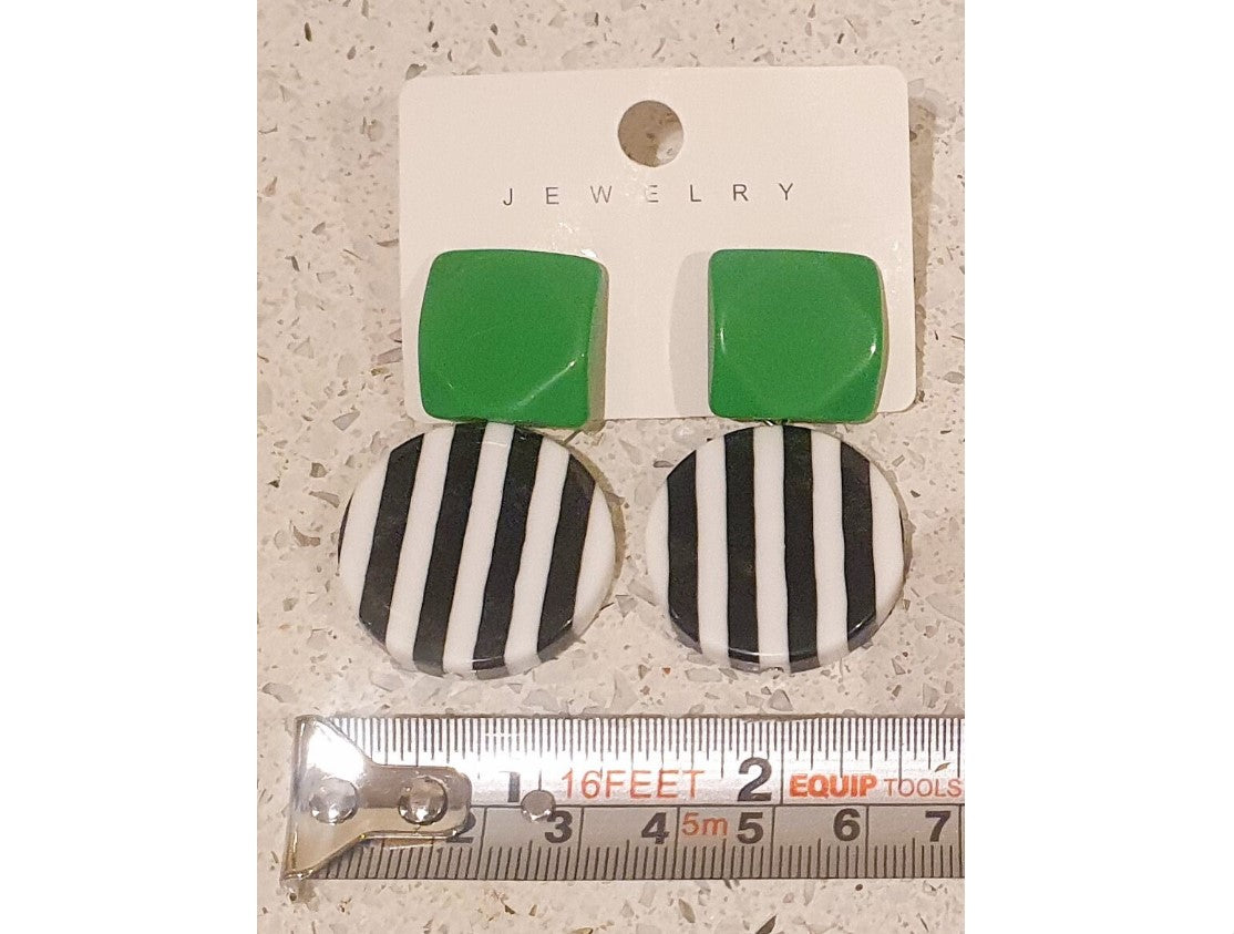 80s Style Earrings, Black, White, Black and White Stripes, Bold, Plastic, Colourful, Big