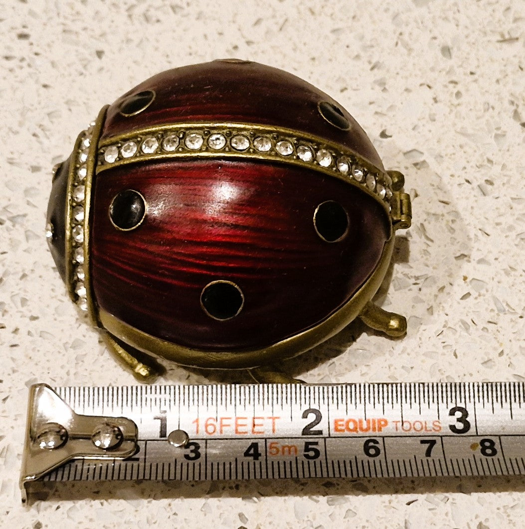Past Times Enamel Ladybug Trinket Jewellery Box Red Gold Jeweled Rhinestone