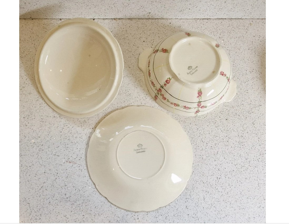 Alfred Meakin, Art Deco, Tureen, Serving dish, Lidded, 1930s, 40s, Flower, Line design, Cream, Black, yellow, Pink, Stamped, Excellent Condition,