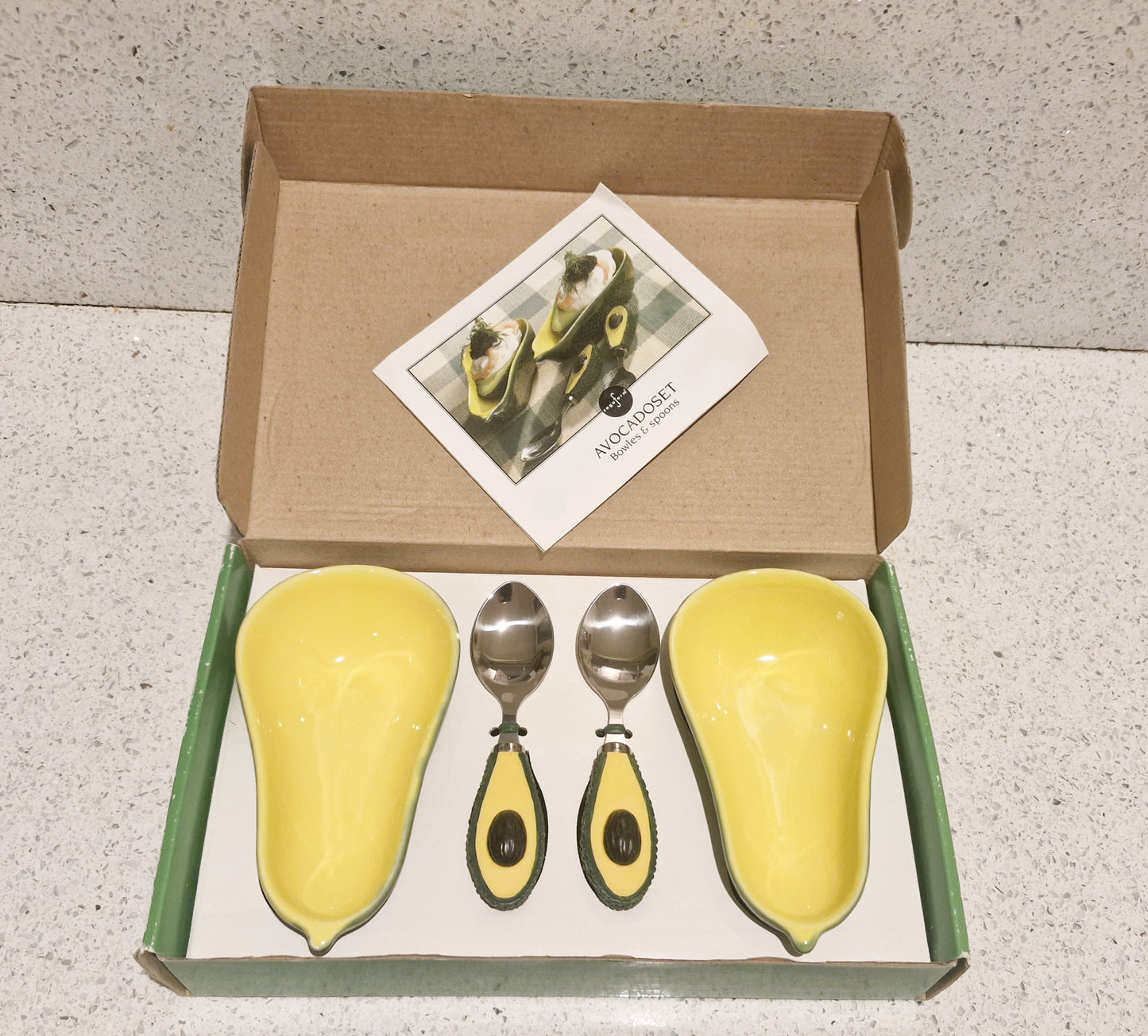 Sagaform Avocado Dishes and Spoons, Vintage, Swedish, Scandinavian, Bowls, Dishes, Spoons, Set, Boxed, Quirky, Guacamole, 90s, Retro Dining