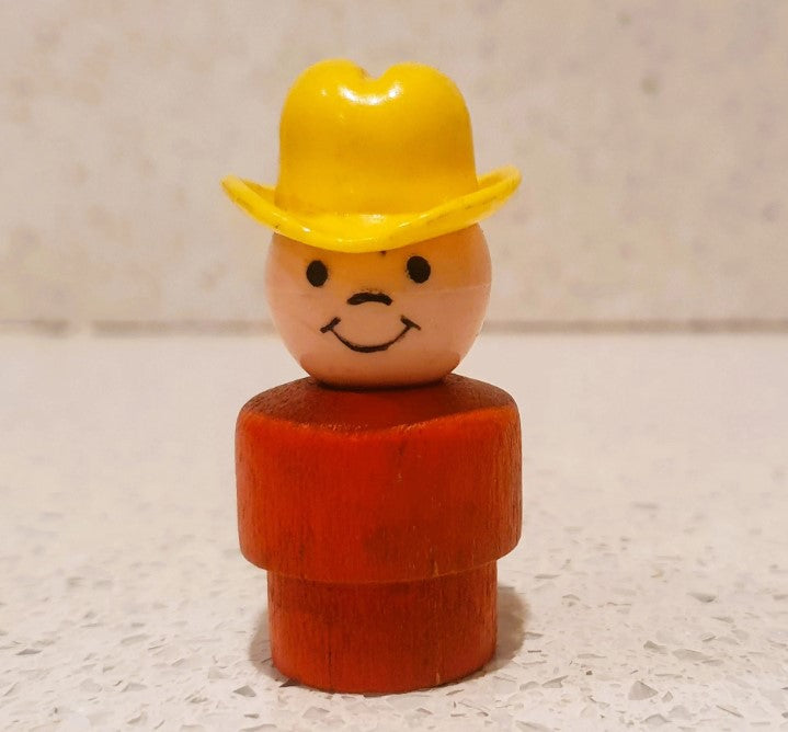 Fisher Price little people, wooden character, Red Cowboy, Yellow Hat, 70s Fisher Price Little People, Wooden Little People