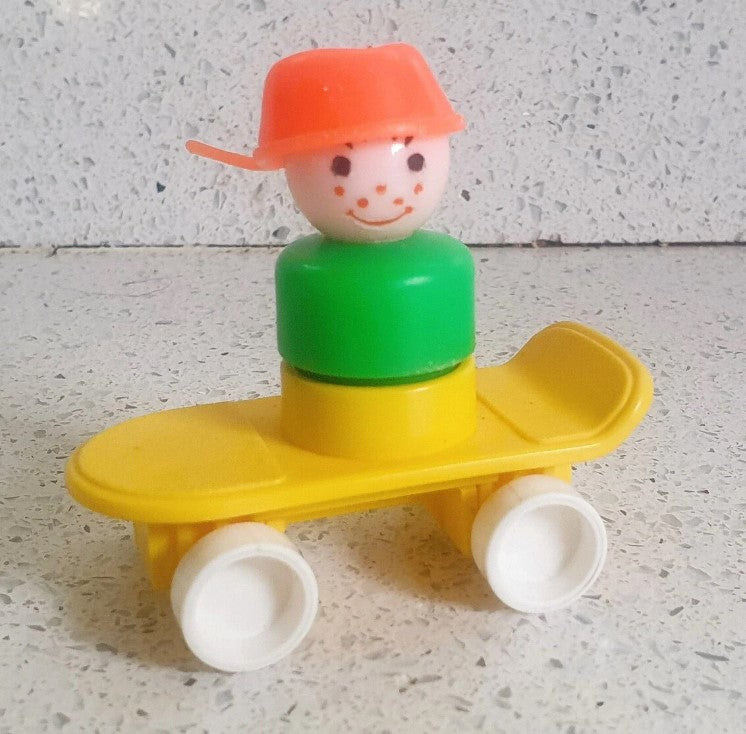 Fisher-Price boy with pan on head, on Skateboard, 70s, 80s Vintage Toys, Skateboarder gift, Skateboarding, Pan on Head
