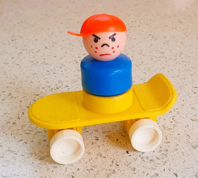 Fisher-Price boy with cap,, on Skateboard, 70s, 80s Vintage Fisher Price Toys, Skateboarder gift, Skateboarding