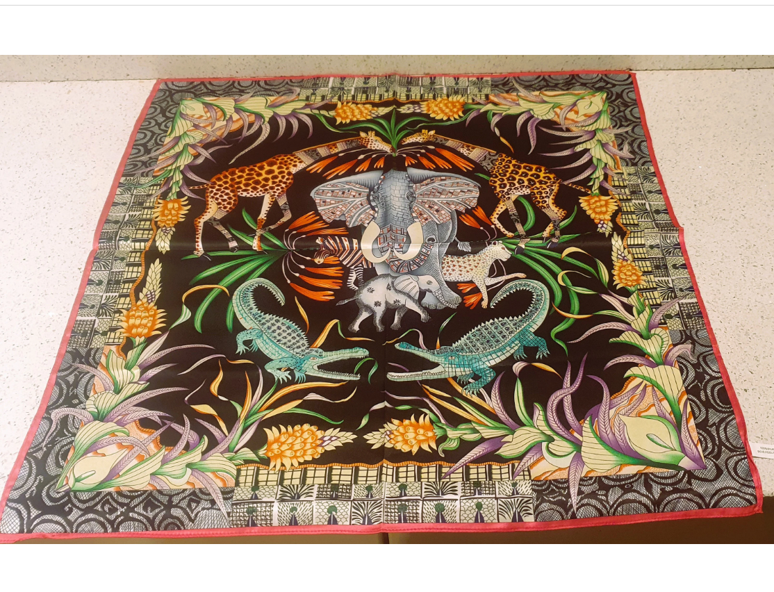 Faux Silk Scarf, Black, colourful, Elephant, Crocodile, Giraffe, 56cm,Square