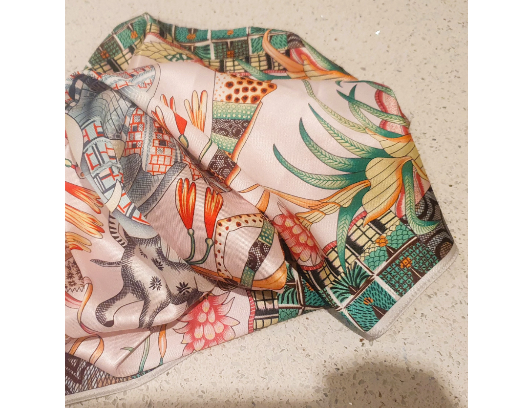 Faux Silk Scarf, Pink, colourful, Elephant, Crocodile, Giraffe, 56cm,Square