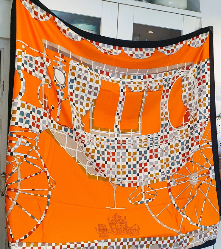 Faux Silk Scarf, Orange, Carriage, Abstract, Large, 95cm, Hijab,