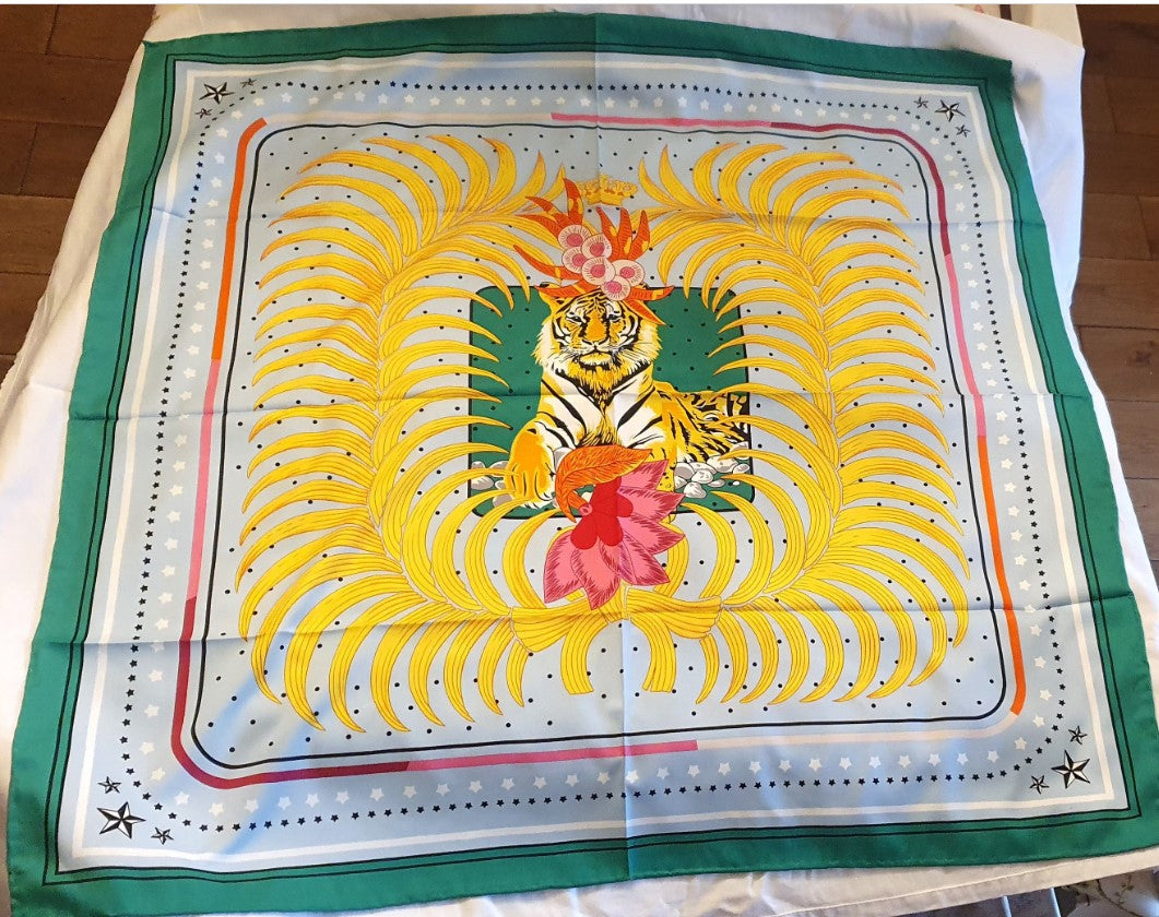 Large, Faux Silk Scarf, Hand Printed, Tiger design, Large, 83cm, Bold, Bright, Green, Yellow, Colourful, Hijab